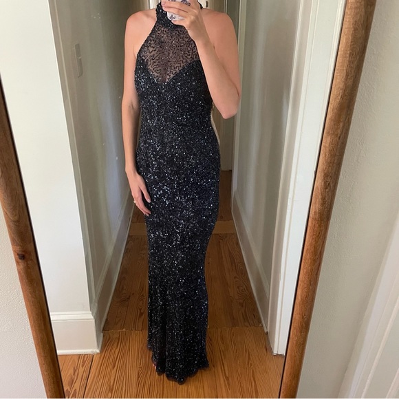 Parker Black Navy Sequin High Neck Halter Maxi Gown Dress Formal Wedding Prom - Picture 3 of 14